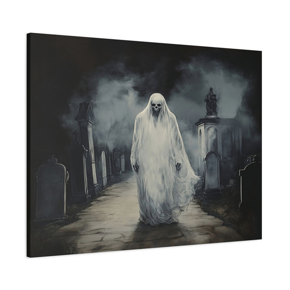 Spectral Wanderer: Large Stretched Canvas Wall Art 40" x 30" - Gothic Cemetery Ghost, High-Contrast Monochrome Haunting