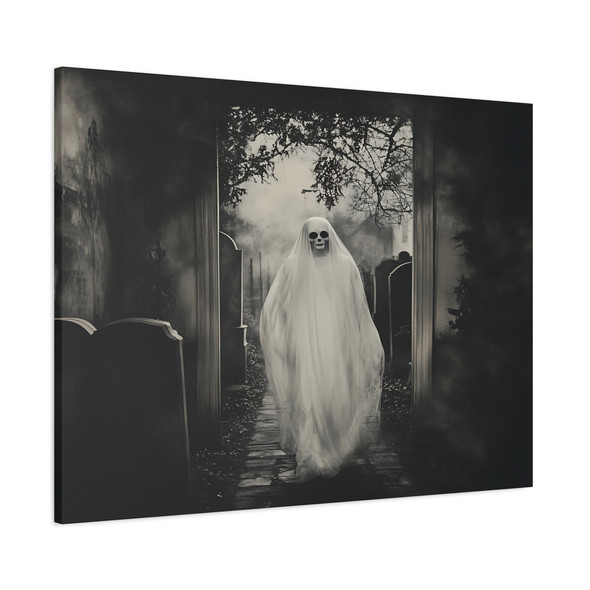 Spectral Passage: Large Stretched Canvas Wall Art 40" x 30" - Haunting Cemetery Apparition, Vintage Black and White Gothic Horror