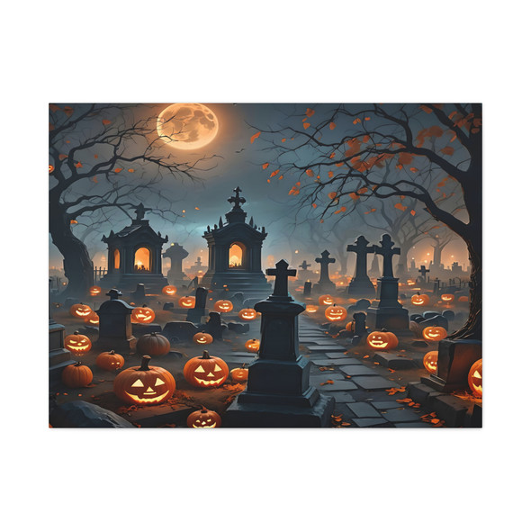 Halloween Graveyard: Large Stretched Canvas Wall Art 40" x 30" - Moonlit Cemetery, Spooky Illustration