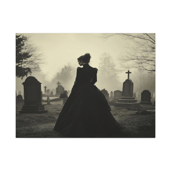 Echoes of Mourning: Large Stretched Canvas Wall Art 40" x 30" - Victorian Grief, Cemetery Portrait in Black and White