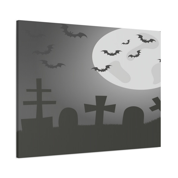 Moonlit Necropolis: Large Stretched Canvas Wall Art 40" x 30" - Halloween Gothic Graveyard Scene, Minimalist Black and White Illustration