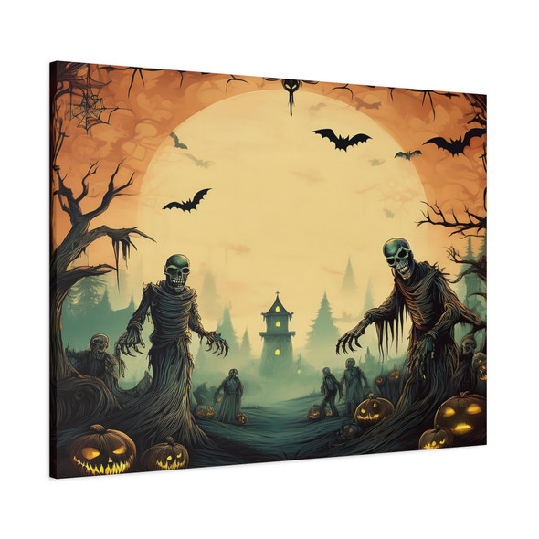 Nocturnal Haunt: Large Stretched Canvas Wall Art 40" x 30" - Halloween Moonlit Nightmare, Skeletal Horrors Graphic Illustration