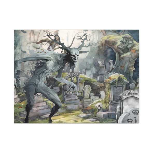 Spectral Requiem: Large Stretched Canvas Wall Art 40" x 30" - Haunting Graveyard Fantasy, Ethereal Watercolor Horror Landscape