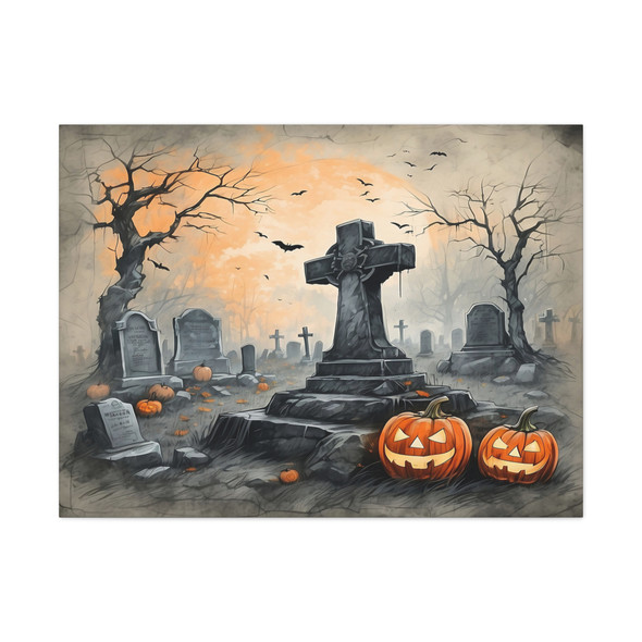 Twilight's Haunting Necropolis: Large Stretched Canvas Wall Art 40" x 30" - Halloween Graveyard Illustration, Ethereal Gothic Landscape