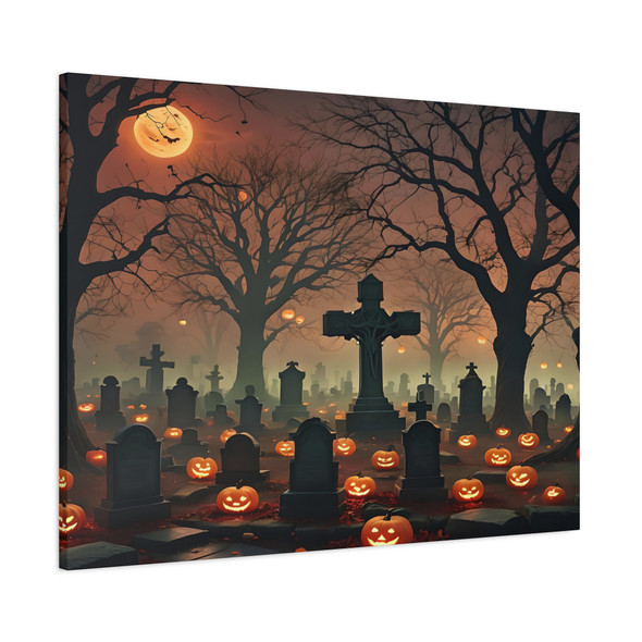 Haunting Hollow: Large Stretched Canvas Wall Art 40" x 30" - Twilight Cemetery of Carved Souls, Moonlit Halloween Landscape Haunting Hollow: Large Stretched Canvas Wall Art 40" x 30" - Twilight Cemetery of Carved Souls, Moonlit Halloween Landscape
