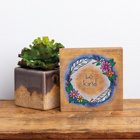 Floral Wreath & Feather Design Be Kind Decorative Wooden Block Sign 5.5 Inch from Primitives by Kathy