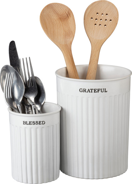 Set of 2 Cream Colored Stoneware Utensil Holders (Grateful & Blessed) from Primitives by Kathy