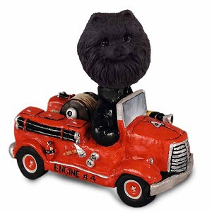 Black Pomeranian Fire Engine Doogie Collectible Dog Figurine