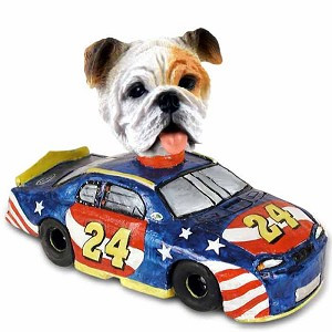White Bulldog Race Car Doogie Collectible Dog Figurine