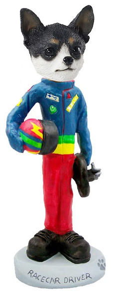 Black & White Chihuahua Racecar Driver Doogie Collectible Dog Figurine