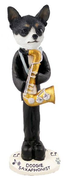 Black & White Chihuahua Saxophonist Doogie Collectible Dog Figurine