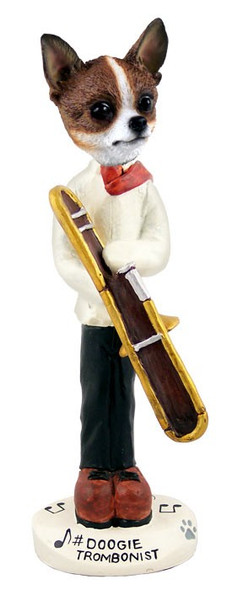Brindle & White Chihuahua Trombonist Doogie Collectible Dog Figurine