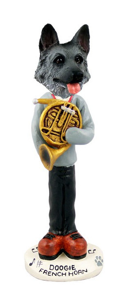 Black & Silver German Shepherd French Horn Doogie Collectible Dog Figurine