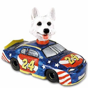 White German Shepherd Race Car Doogie Collectible Dog Figurine