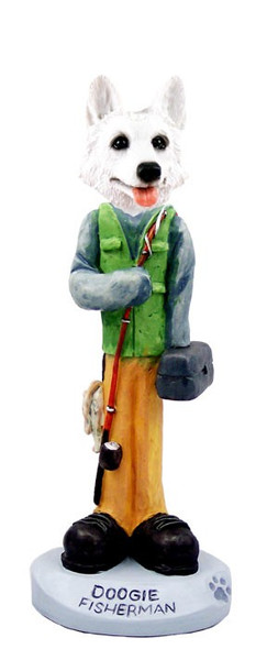 White German Shepherd Fisherman Doogie Collectible Dog Figurine