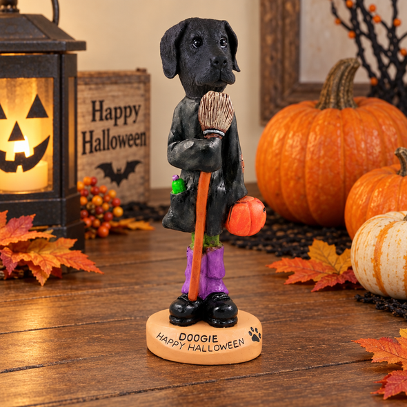 Black Great Dane Uncropped Ears Happy Halloween Doogie Collectible Dog Figurine