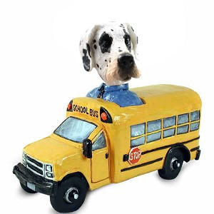 Great Dane (Harelquin Uncropped Ears) School Bus Doogie Collectible Dog Figurine