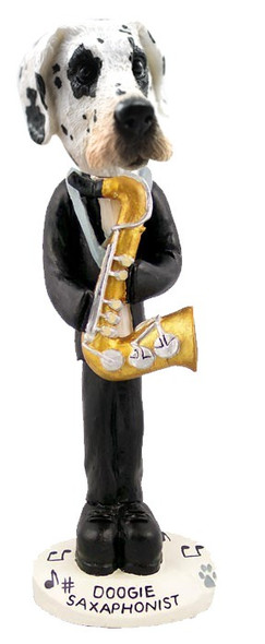 Great Dane (Harelquin Uncropped Ears) Saxophonist Doogie Collectible Dog Figurine