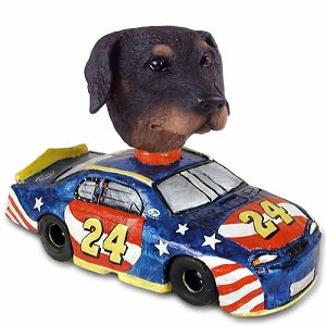 Black Doberman Pinscher Uncropped Ears Race Car Doogie Collectible Dog Figurine