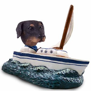 Black Doberman Pinscher Uncropped Ears Sailboat Doogie Collectible Dog Figurine