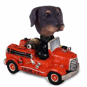 Black Doberman Pinscher Uncropped Ears Fire Engine Doogie Collectible Dog Figurine