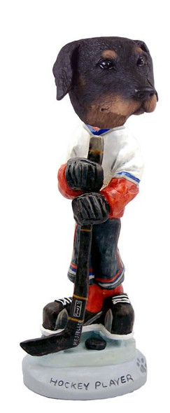 Black Doberman Pinscher Uncropped Ears Hockey Player Doogie Collectible Dog Figurine