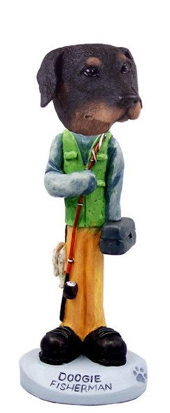 Black Doberman Pinscher Uncropped Ears Fisherman Doogie Collectible Dog Figurine