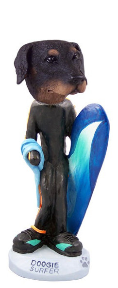 Black Doberman Pinscher Uncropped Ears Surfer Doogie Collectible Dog Figurine