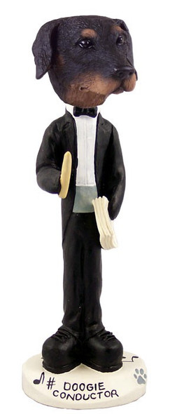 Black Doberman Pinscher Uncropped Ears Conductor Doogie Collectible Dog Figurine