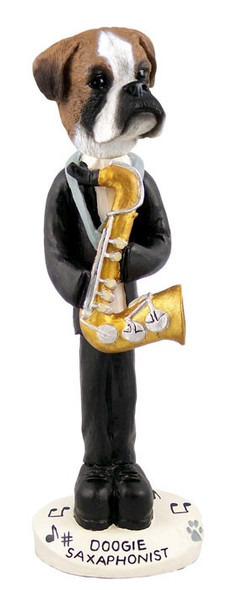 Boxer (Uncropped Ears) Saxophonist Doogie Collectible Dog Figurine