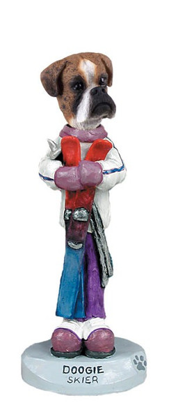 Brindle Boxer Uncropped Ears Skier Doogie Collectible Dog Figurine