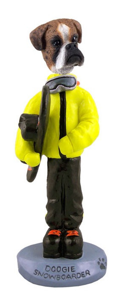 Brindle Boxer Uncropped Ears Snowboarder Doogie Collectible Dog Figurine