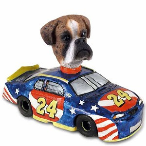 Brindle Boxer Uncropped Ears Race Car Doogie Collectible Dog Figurine