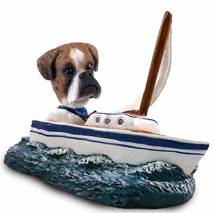 Brindle Boxer Uncropped Ears Sailboat Doogie Collectible Dog Figurine
