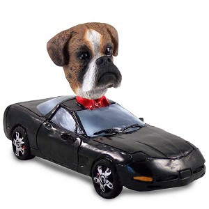 Brindle Boxer Uncropped Ears Sports Car Doogie Collectible Dog Figurine