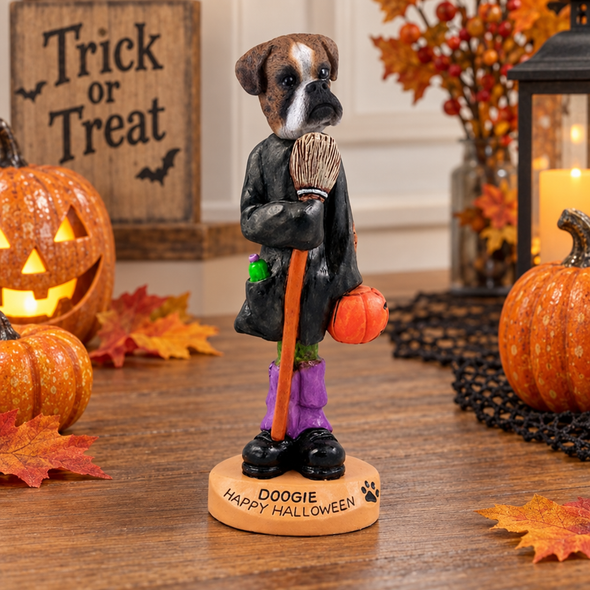 Brindle Boxer Uncropped Ears Happy Halloween Doogie Collectible Dog Figurine