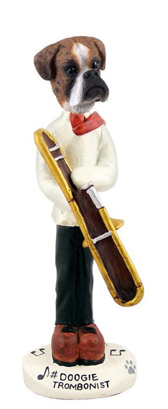 Brindle Boxer Uncropped Ears Trombonist Doogie Collectible Dog Figurine
