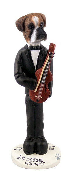 Brindle Boxer Uncropped Ears Violinist Doogie Collectible Dog Figurine