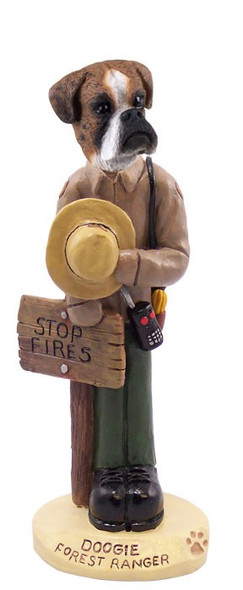 Brindle Boxer Uncropped Ears Forest Ranger Doogie Collectible Dog Figurine