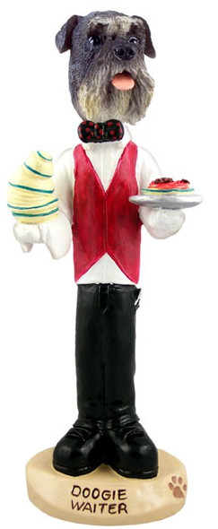 Gray Schnauzer Uncropped Ears Waiter Doogie Collectible Dog Figurine