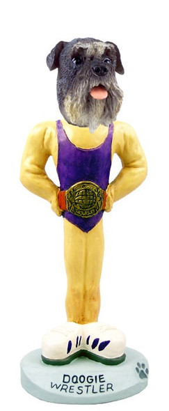 Gray Schnauzer Uncropped Ears Wrestler Doogie Collectible Dog Figurine
