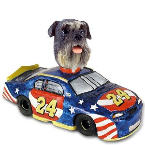 Gray Schnauzer Uncropped Ears Race Car Doogie Collectible Dog Figurine