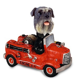 Gray Schnauzer Uncropped Ears Fire Engine Doogie Collectible Dog Figurine