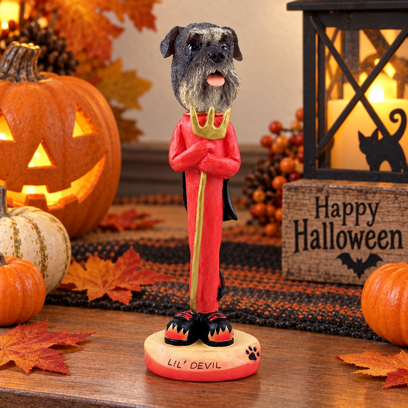 Gray Schnauzer Uncropped Ears Lil Devil Doogie Collectible Dog Figurine