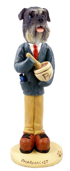 Gray Schnauzer Uncropped Ears Pharmacist Doogie Collectible Dog Figurine