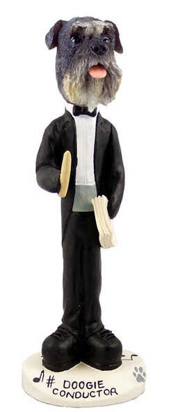 Gray Schnauzer Uncropped Ears Conductor Doogie Collectible Dog Figurine