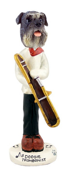 Gray Schnauzer Uncropped Ears Trombonist Doogie Collectible Dog Figurine