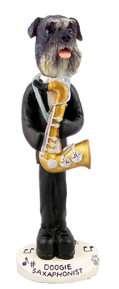 Gray Schnauzer Uncropped Ears Saxophonist Doogie Collectible Dog Figurine