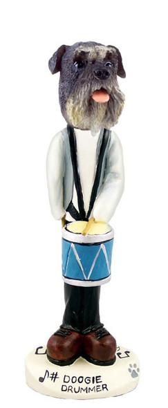 Gray Schnauzer Uncropped Ears Drummer Doogie Collectible Dog Figurine