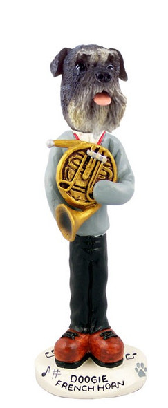 Gray Schnauzer Uncropped Ears French Horn Doogie Collectible Dog Figurine